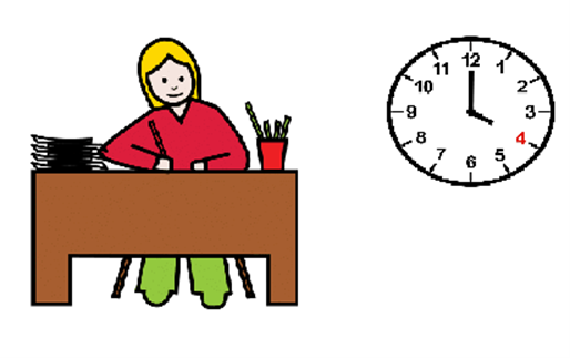 La imagen muestra una persona trabajando en una mesa y al lado un reloj que marca las 4 en punto.