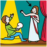 La imagen muestra una escena de teatro donde aparece un actor y una actriz.