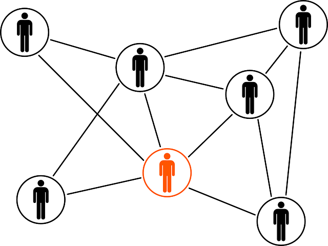 personas dentro de un diferentes círculos conectados por líneas. Todas las personas son negras menos una que es naranja.