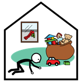La imagen muestra la silueta de una casa y dentro hay un saco con juguetes y un niño gateando. Por la ventana se ve un tobogán.