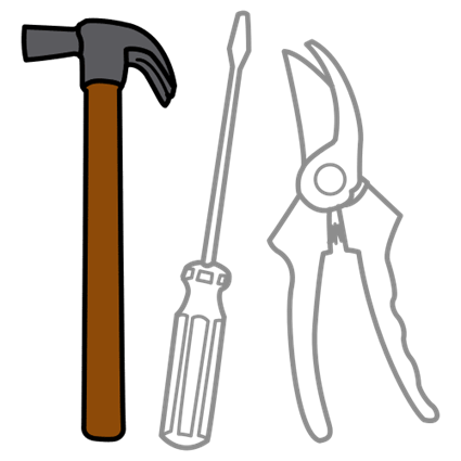 La imagen muestra un martillo, un destornillador y unos alicates.