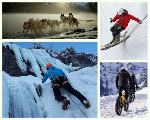 La imagen muestra  4 deportes de invierno: esquí, ciclismo, escalada y carrera de trineos. 