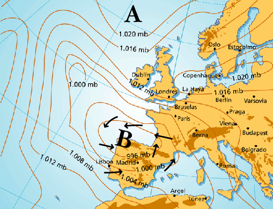 Mapa del tiempo en el sur de Europa con Borrasca y anticiclón