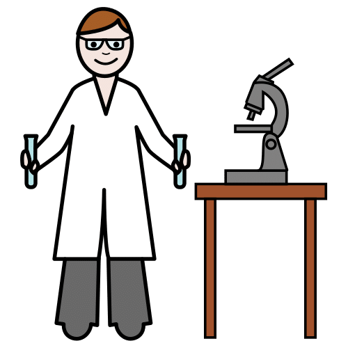 Dibujo hombre con bata blanca con una mesa al lado con un microscopio.