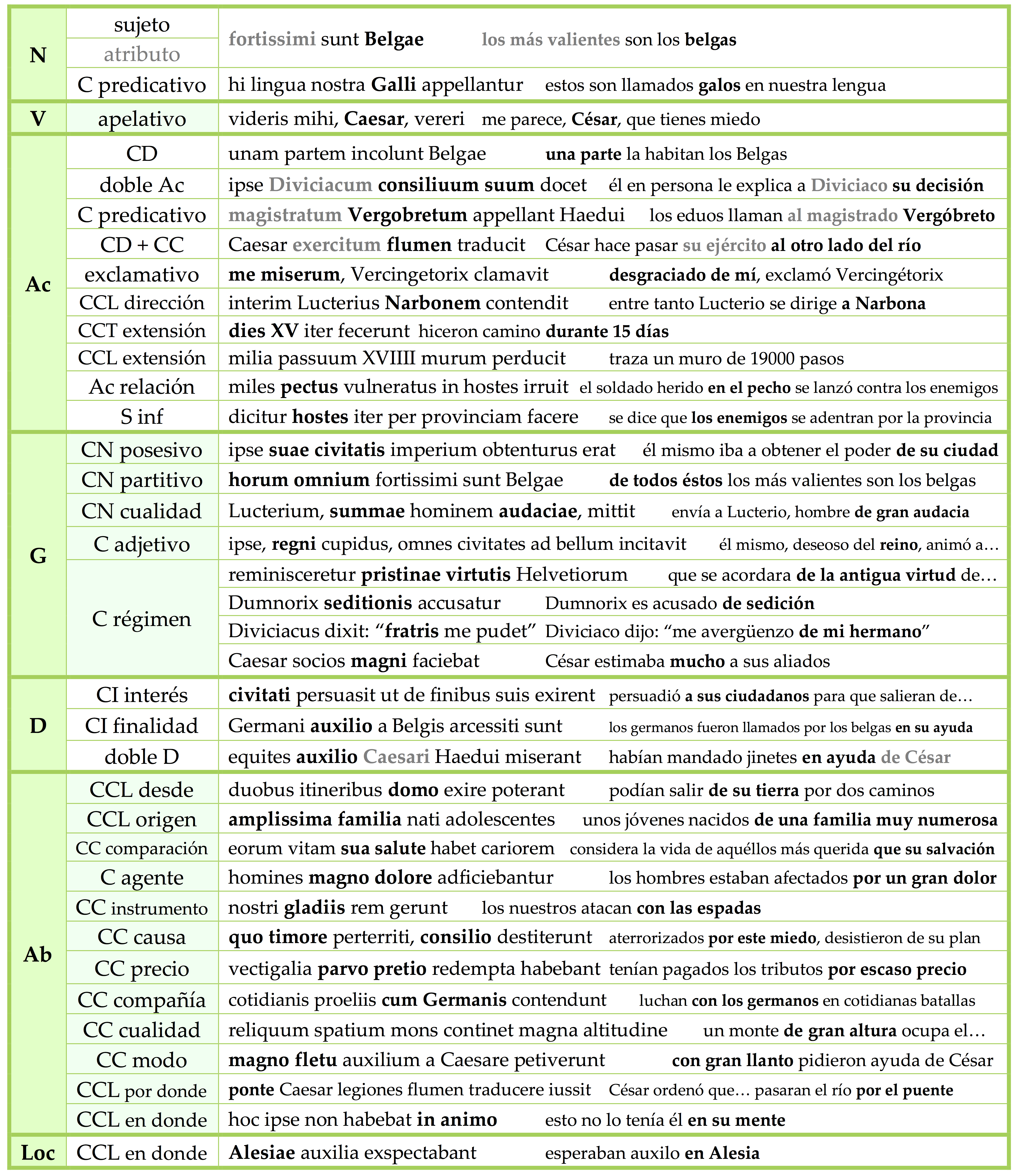 Cuadro que recoge las funciones de los casos