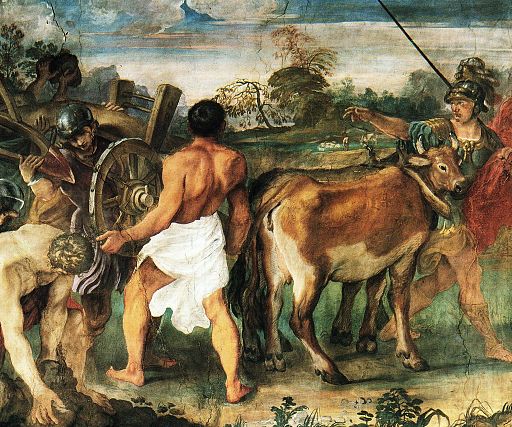 Rómulo conduce una yunta de bueyes que aran el perímetro de la futura ciudad de Roma