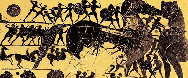Representación de una escena de guerra en una cerámica griega