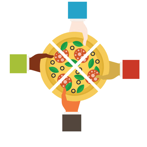 Imagen de una pizza dividida en cuatro trozos iguales con cuatro manos cogiendo cada trozo