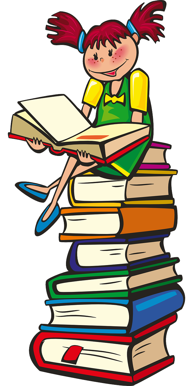 Imagen del dibujo de una niña sentada sobre un montón de libros
