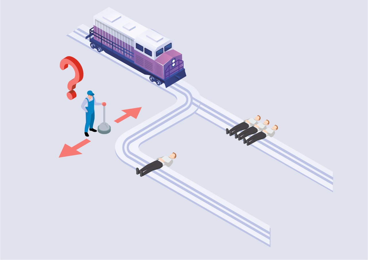 Imagen que representa a un tren con dos caminos a tomar, en uno hay cinco personas en el otro sólo una