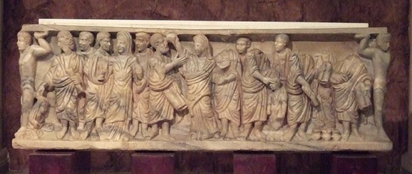 Relieve del sarcófago de la Recptio animae (s. IV), arte paleocristiano. Representación de escena bíblica
