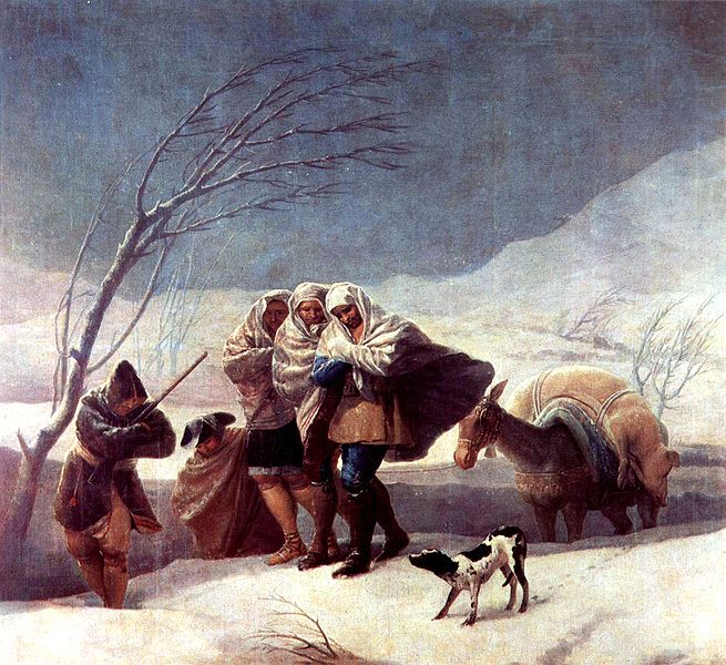 Goya plasmó de forma magistral el duro invierno castellano en este cuadro titulado "La nevada" o el "el invierno". Puedes comparar lo extremo del clima del interior peninsular con el paisaje que anteriormente veíamos en la película de Carlos Saura. 
