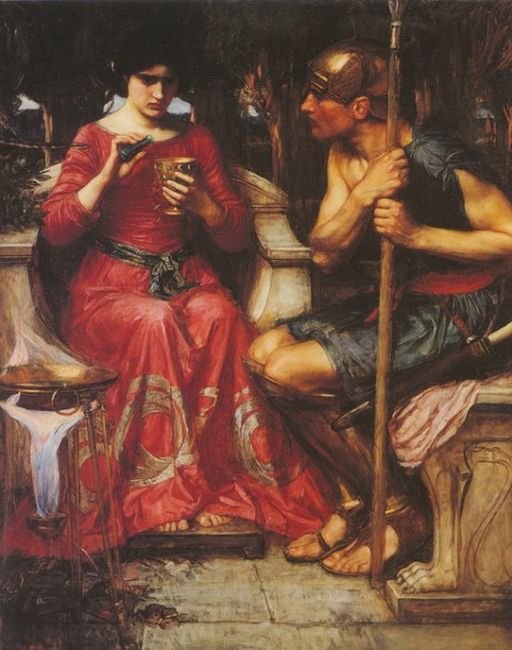 Medea prepara el veneno que adormecerá al dragón ante la mirada atenta de Jasón