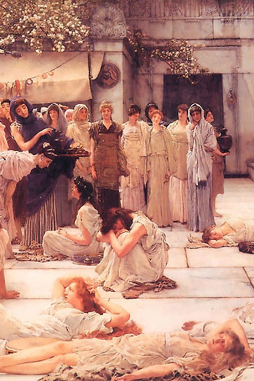 El pintor recrea de un modo fantástico e irreal una escena de mercado con numerosas mujeres