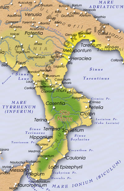 Mapa de la Magna Grecia con ciudades y accidentes geográficos en el año 280 a.n.e.