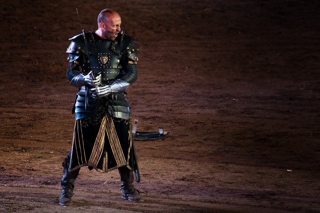 Guerrero medieval  con espada dominando a sus enemigos.