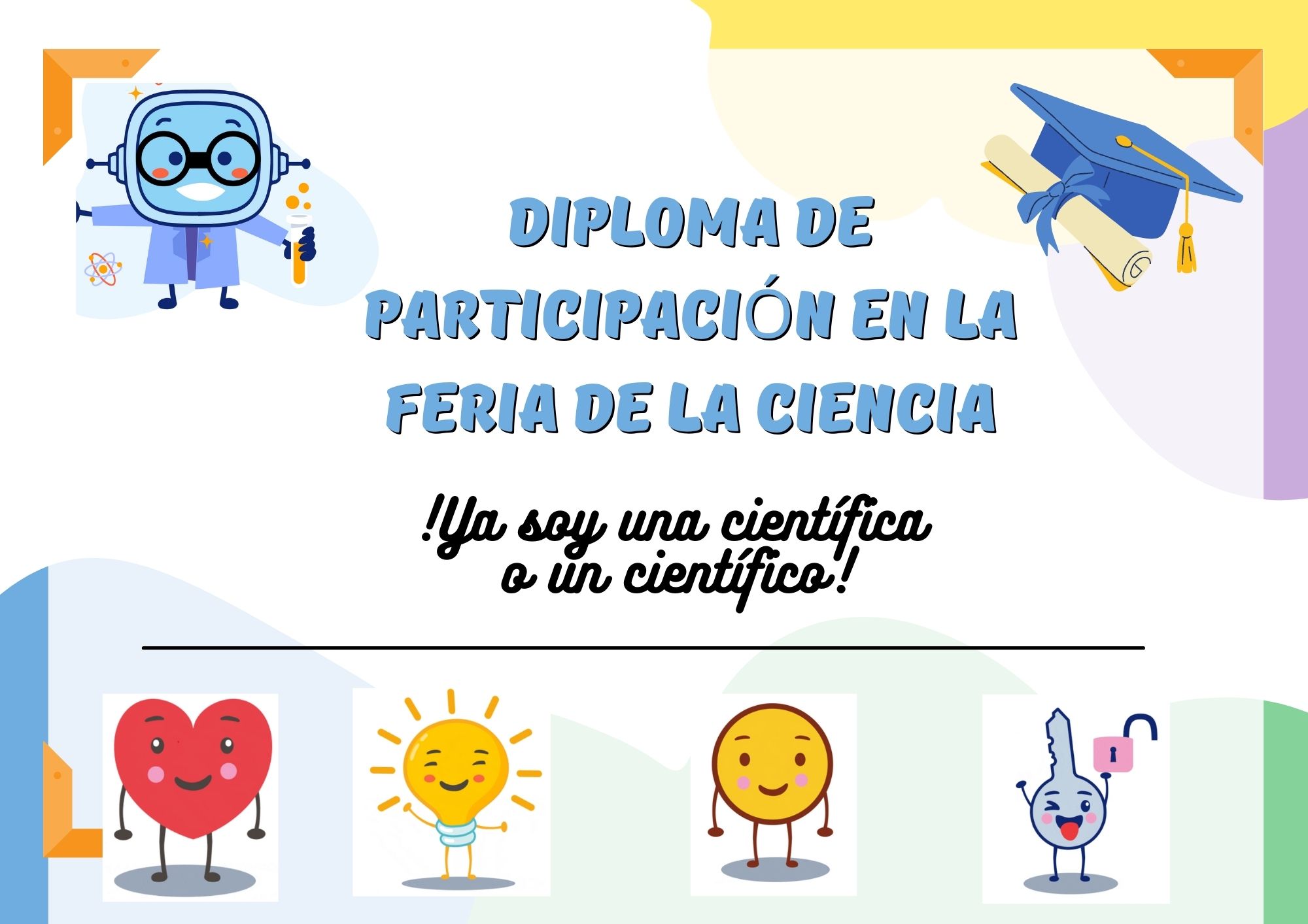 La imagen muestra un diploma de certificación de la feria de la ciencia con los personajes del REA