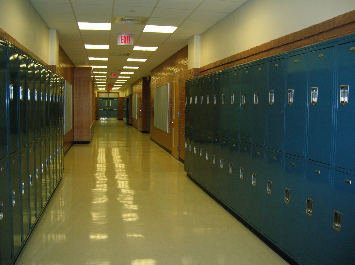 La imagen muestra un pasillo de un colegio con armarios al lado