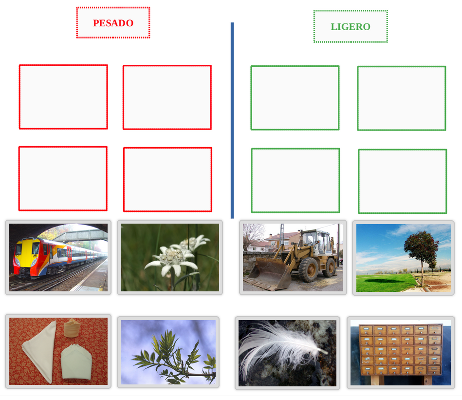 La imagen muestra un tren, una hoja de un árbol, una flor, un árbol, una escavadora, unas servilletas blancas, una pluma y un archivador