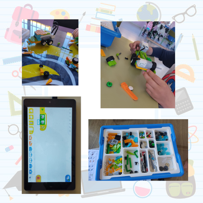 La imagen muestra una composición de cuatro imágenes: una un coche robot,otra material de robótica,otra unas manos de niños o niñas con el coche y otra una tablet