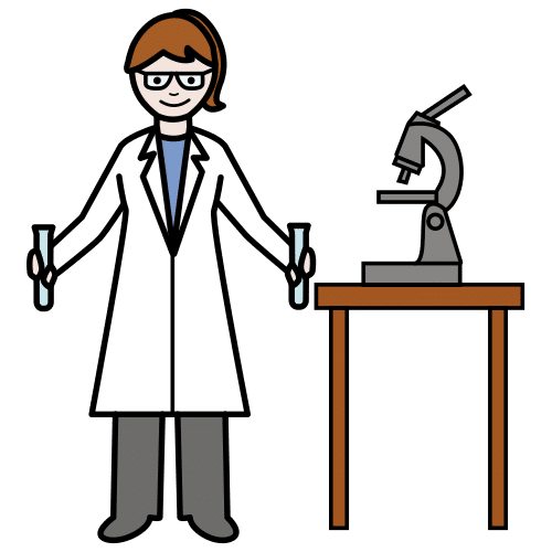 La imagen muestra una mujer con dos probetas en la mano y un microscopio al lado.