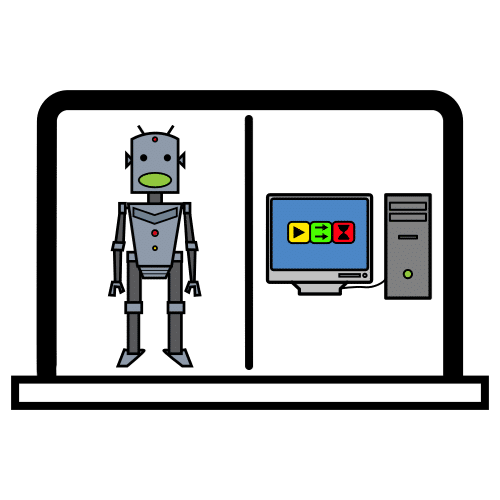 La imagen muestra un robot de juguete y una pantalla con un mando