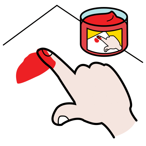 La imagen muestra un bote de pintura roja, también una mano con un dedo lleno de pintura, pintando una hoja de papel