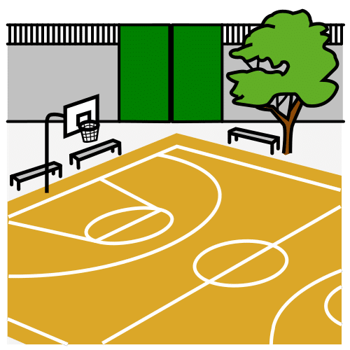 La imagen muestra un patio de colegio, con un campo de fútbol, con bancos y un árbol