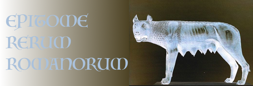 Cartel con el lema epitome rerum Romanorum y la loba capitolina