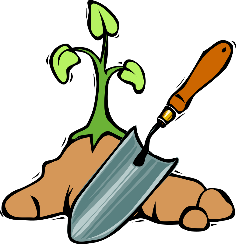La imagen muestra una pequeña pala de jardinería junto a una planta que está sobre un montón de tierra