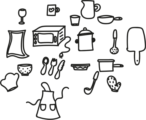 La imagen muestra varios pequeños dibujos en blanco y negro relacionados con una cocina