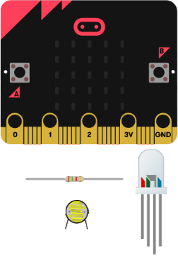 La imagen muestra una placa micro:bit, una resistencia fija, una LDR y un LED RGB, todos sin conexión.
