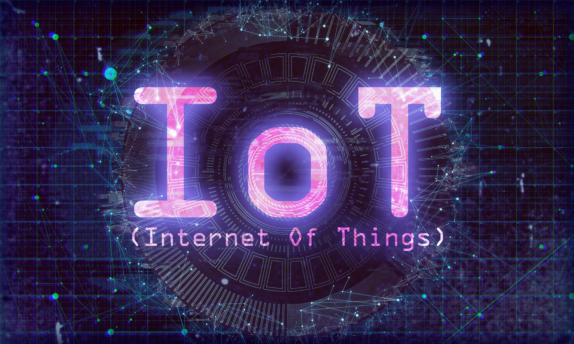 La imagen muestra las siglas IoT y su significado sobre un fondo azul con una trama.