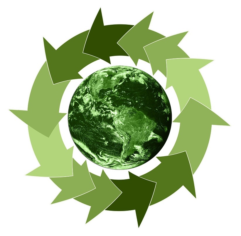 La imagen muestra al planeta Tierra de color verde rodeado de flechas, también verdes, que constituyen un ciclo.