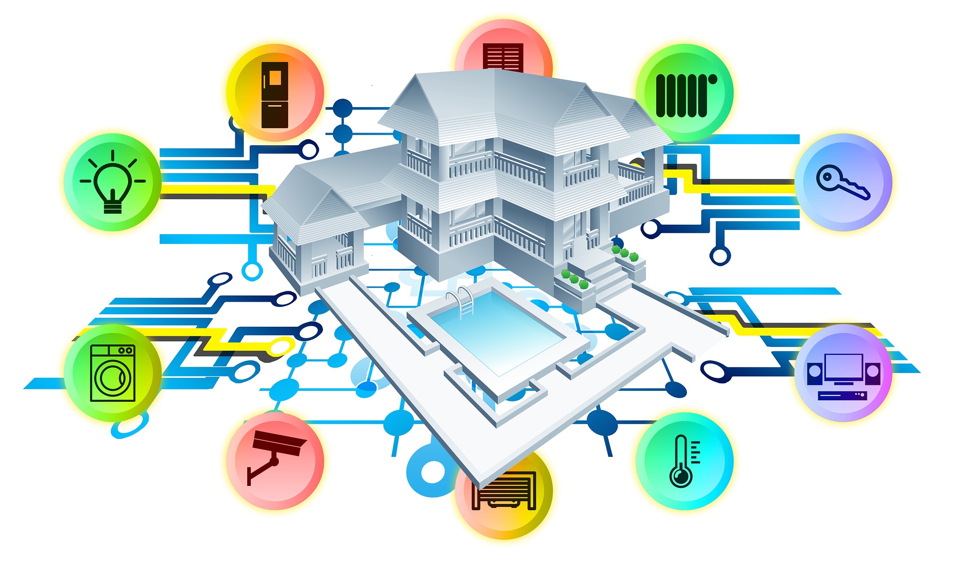 La imagen muestra una casa rodeada de los iconos de instalaciones y elementos controlados por un sistema de domótica que convierte a la vivienda en una Smart Home