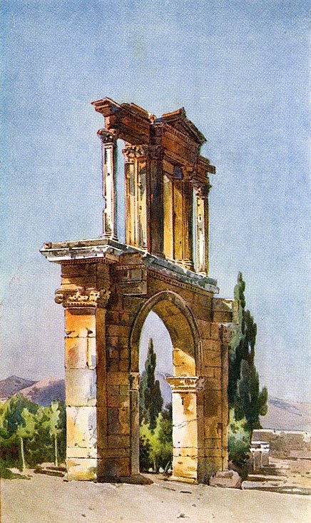 Dibujo del celebre arco del emperador romano Adriano al pie de la Acrópolis de Atenas