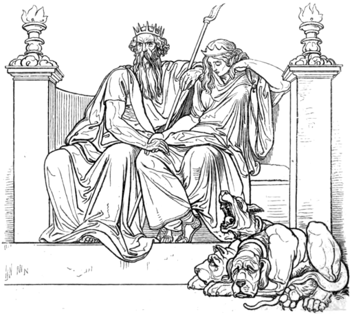 Representación del trono del mundo de los muertos con Hades, Perséfone y Cerbero