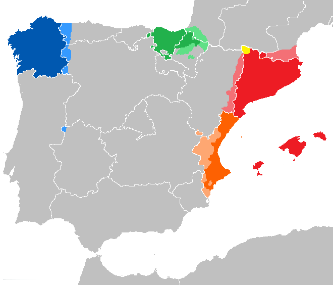 Imagen del mapa de España con los lugares donde se hablan otras lenguas señalados de diferente color.