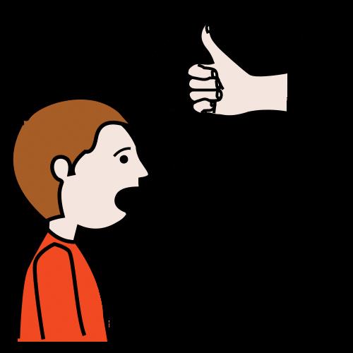 La imagen muestra un niño de perfil con la boca abierta, encima hay un bocadillo donde aparece una mano cerrada con el pulgar hacia arriba.