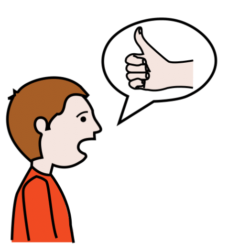 En la imagen se ve un niño hablando y en el bocadillo se ve una mano con el pulgar hacia arriba.