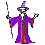 Persona disfrazada de mago con una varita mágica.