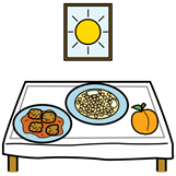 Mesa con dos platos de comida y una fruta. En la pared hay un cuadro con un sol.
