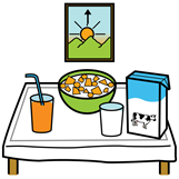 Mesa con un zumo de naranja, cereales, un vaso y un cartón de leche. En la pared hay un cuadro donde se ve salir el sol.