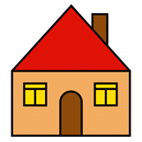 Casa con dos ventanas, una puerta y una chimenea en el tejado.