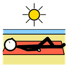 Persona tumbada en una toalla roja tomando el sol en la playa con el sol brillando.