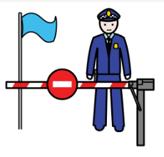 La imagen muestra un policía junto a una bandera azul, y está situado detrás de una barrera que muestra la señal de prohibido pasar.