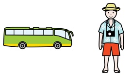 La imagen muestra un autobús y un turista.