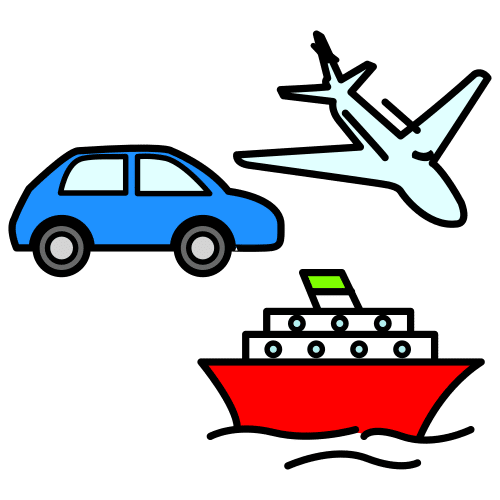 En la imagen se a la izquierda un coche, a la derecha un avión y abajo de estas imágenes un barco.