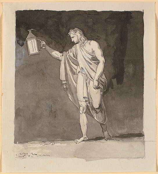 Dibujo que representa a Diógenes de Sinope con un farol en busca de un hombre verdadero