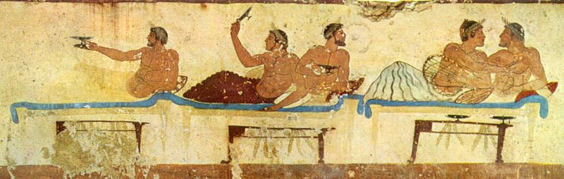Fresco representando un banquete con varios comensales